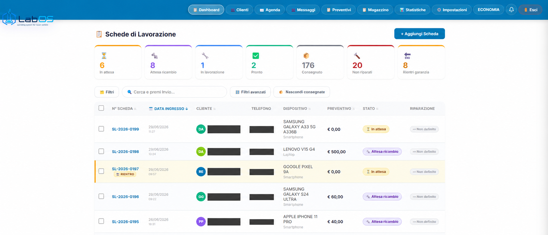 Dashboard schede di lavorazione labOS